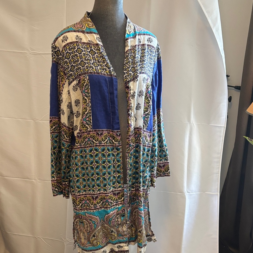 Chico's Vibrant Blue and Green Patterned Cardigan